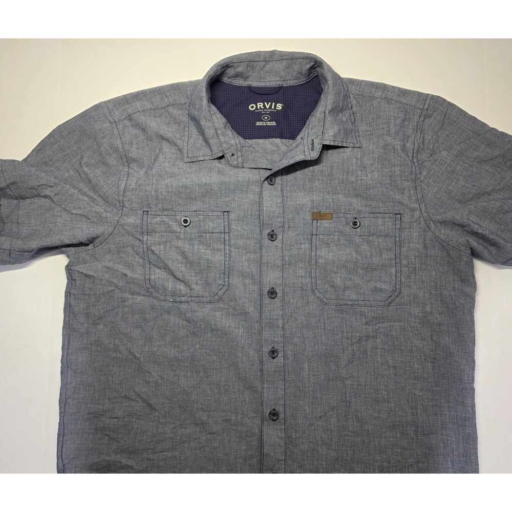 Orvis Mens Size M Blue Short Sleeve Polyester Button Up‎ Shirt